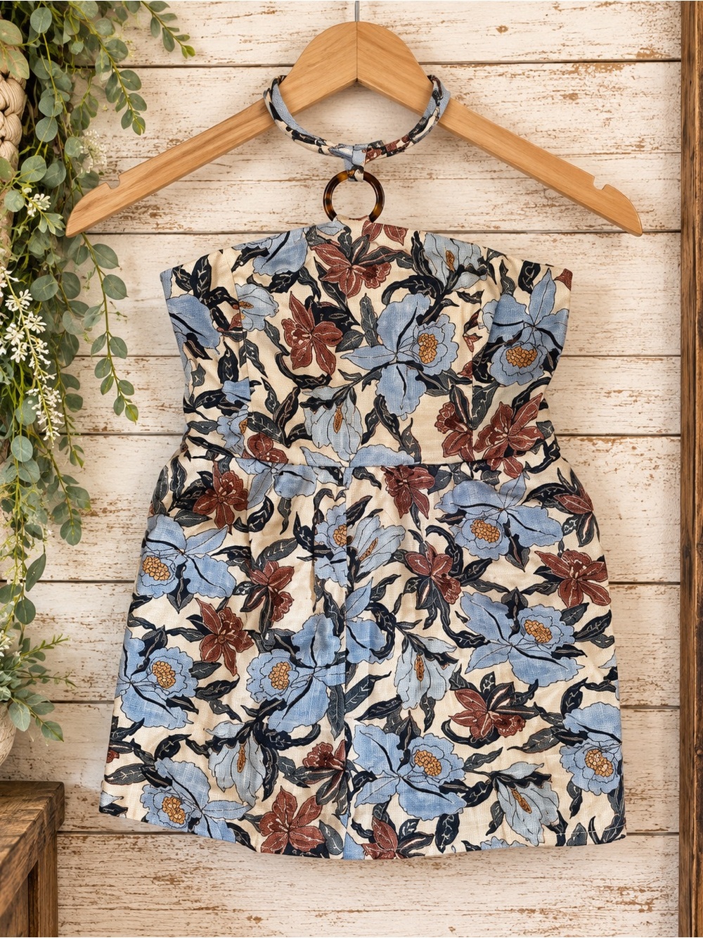 Old Navy Strapless Romper in Cream with Blue & Brown Flowers